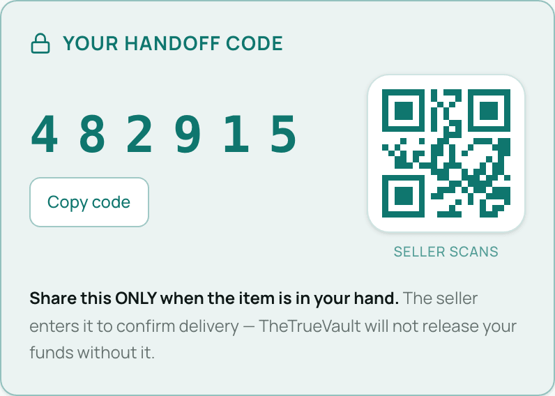 A buyer's screen showing the six-digit handoff code 482915 with a QR code for the seller to scan